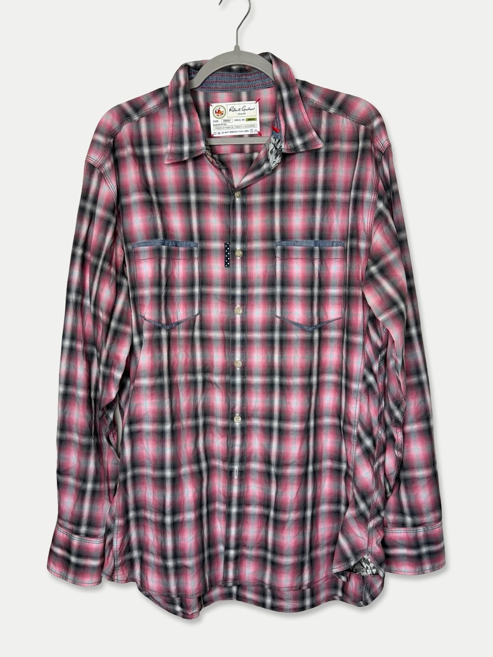 Robert Graham Jeans Pink Gray Plaid Button Down Shirt Mens L 100% Cotton